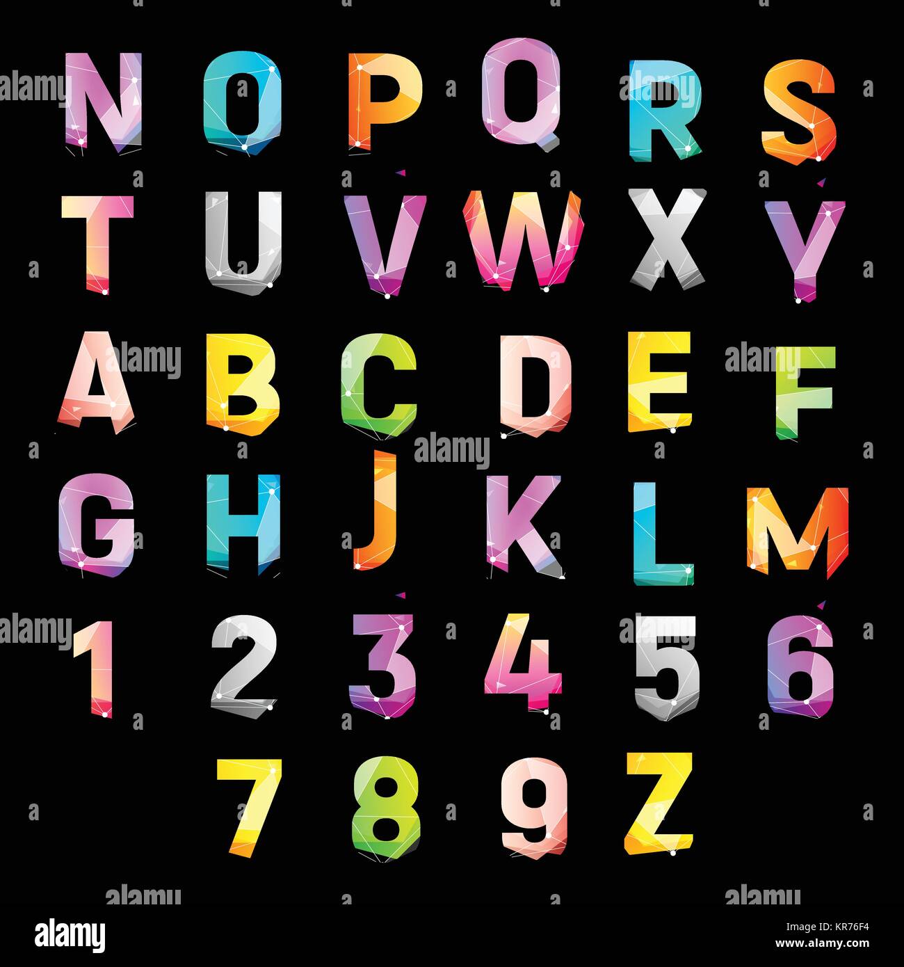 Alfabeto a colori per gli articoli promozionali. Luminoso multicolore lettere fratturato set, illustrazione vettoriale. Raccolta di loghi. Illustrazione Vettoriale