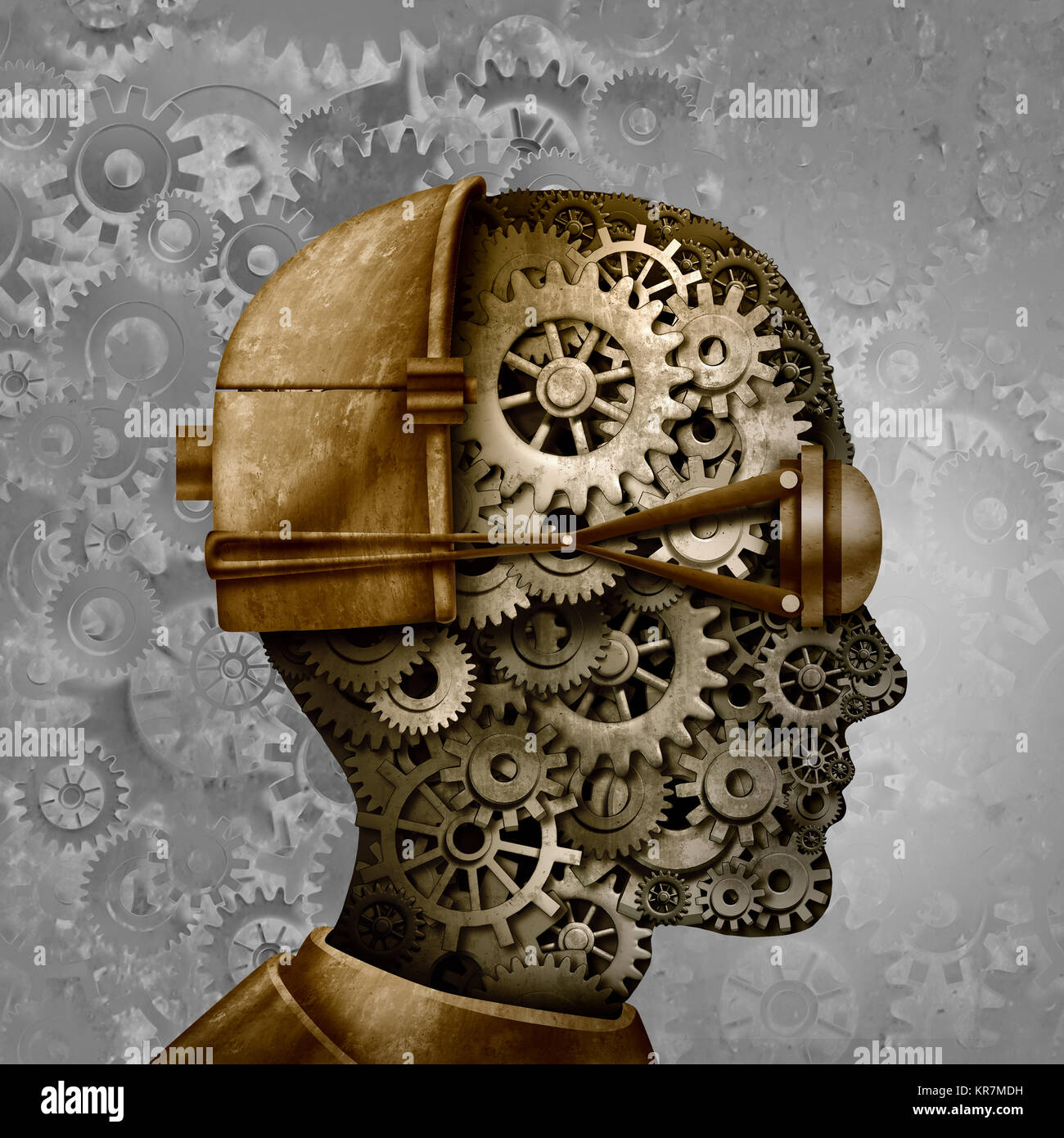 Steampunk e vapore punk antica macchina intelligenza tecnologia design come un ingranaggio retrò cyberpunk e macchina cog design della testa come fantascienza. Foto Stock