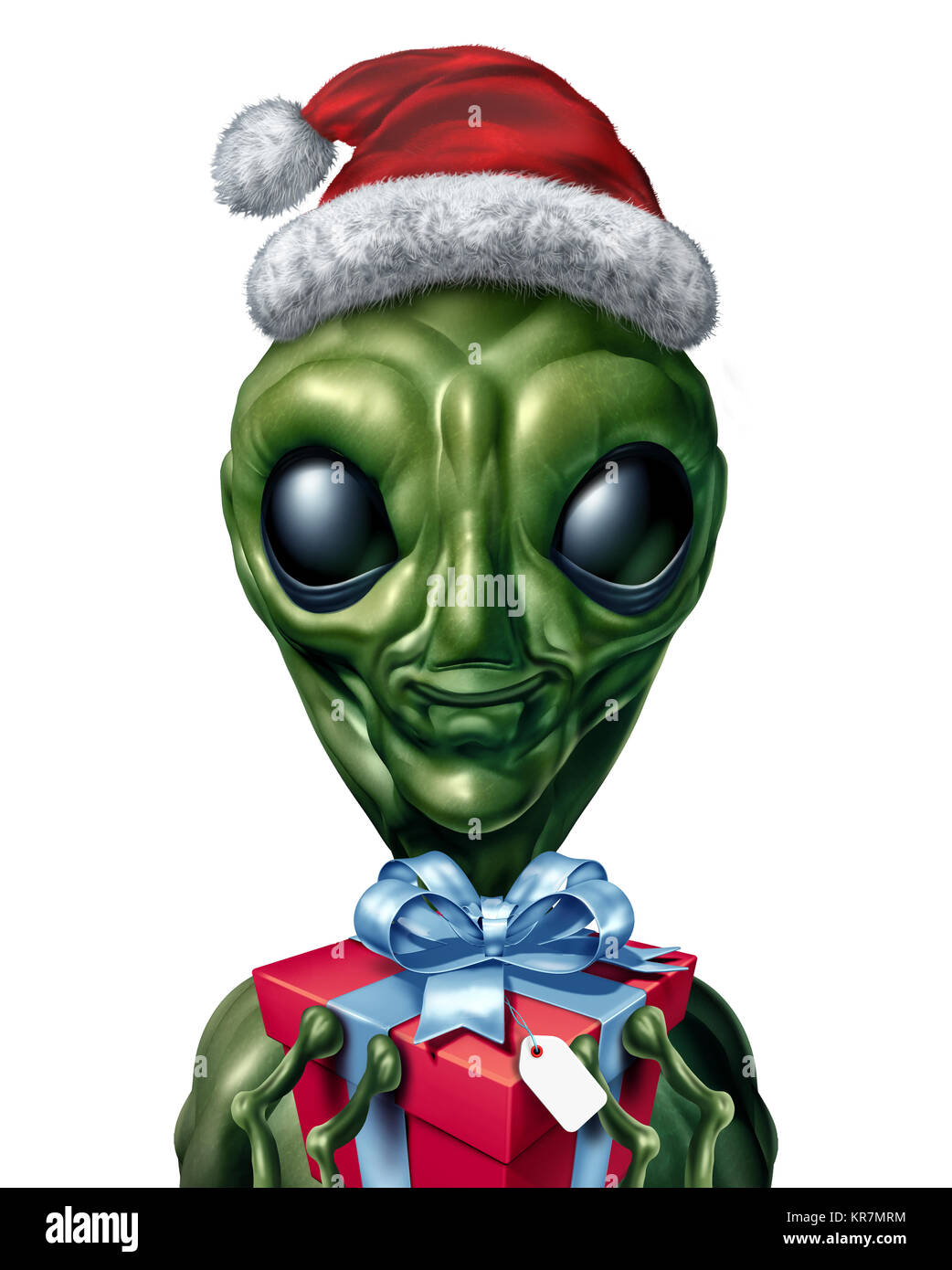 UFO alien vacanze di Natale carattere come dono extraterrestre dà come una creatura dello spazio durante la stagione invernale o nuovo anno come 3D'illustrazione. Foto Stock