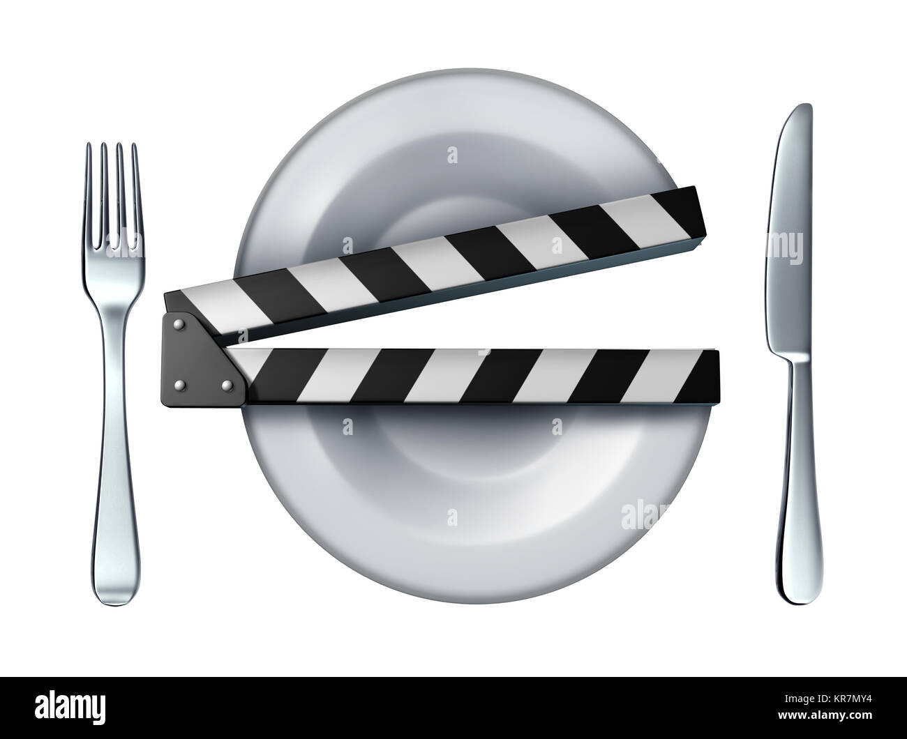 Cibo di video e film di cottura battaglio concetto o lo streaming di corso culinario concetto come una cena in forma di piastra come un clapboard come 3D'illustrazione. Foto Stock