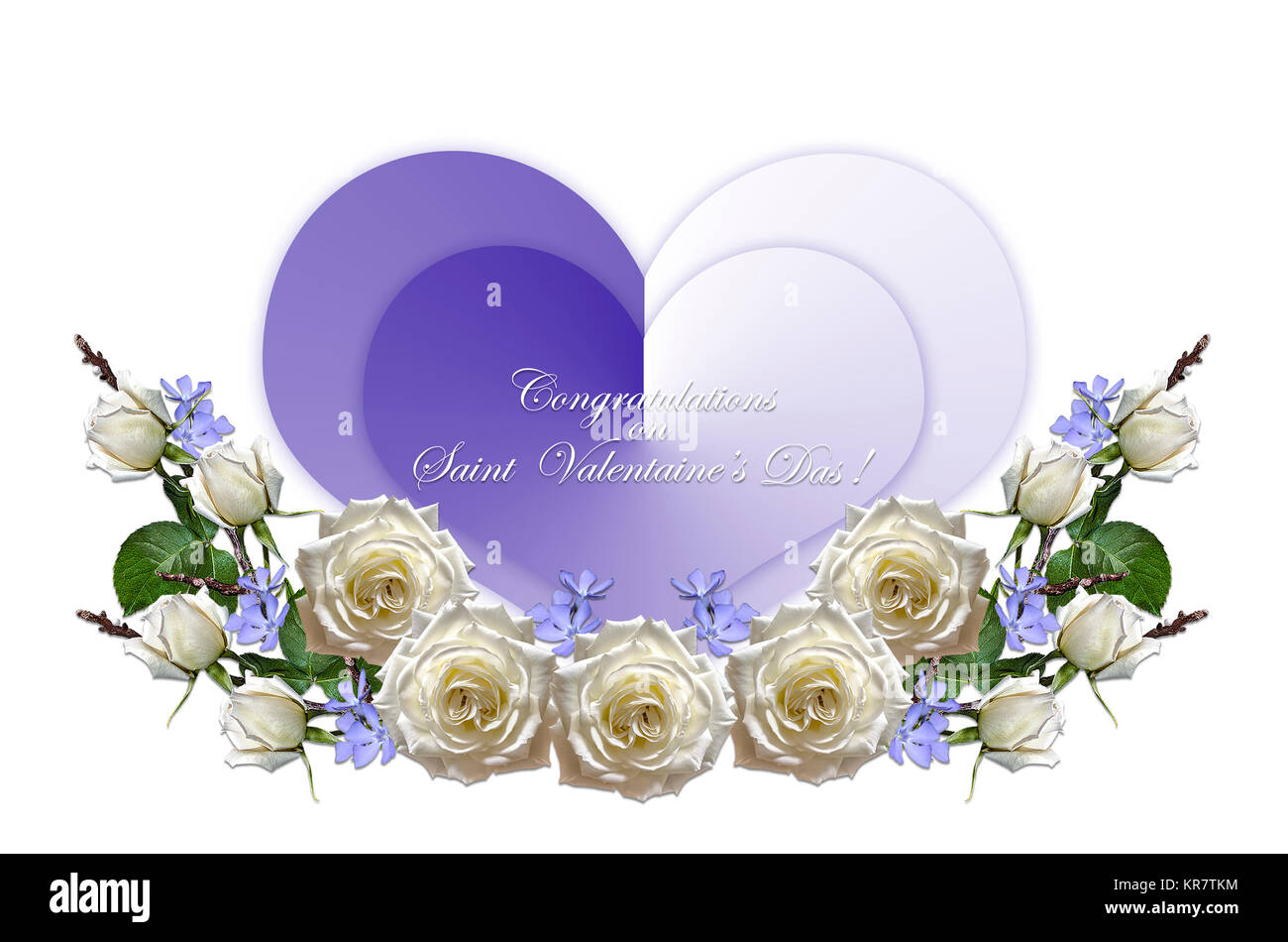 Ghirlanda di rose bianche con boccioli e viola pervinca con due cuori blu su sfondo bianco Foto Stock