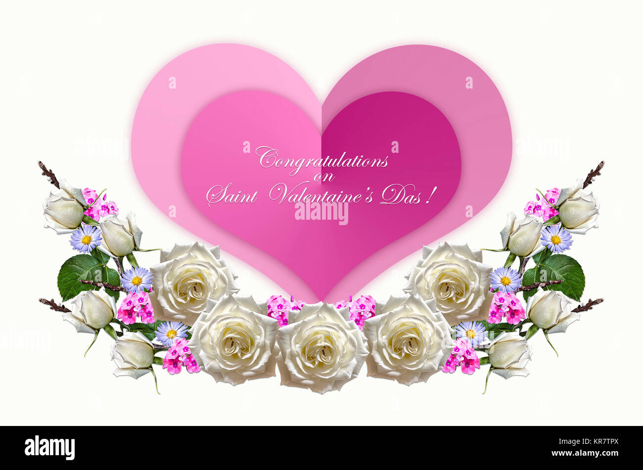 Ghirlanda di rose bianche con boccioli e viola pervinca con cuori rosa su sfondo bianco Foto Stock