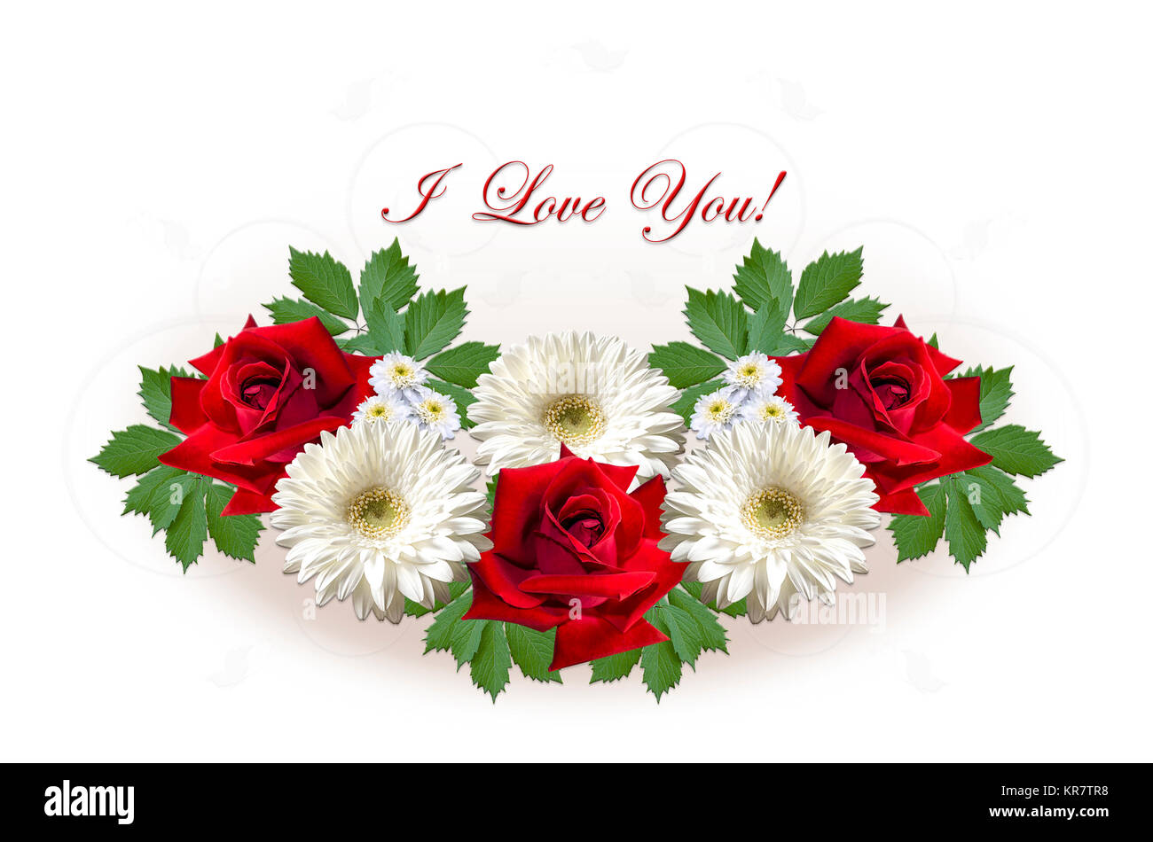 Scheda con red rose e gerbere bianco e il messaggio di saluto ti amo su sfondo bianco Foto Stock
