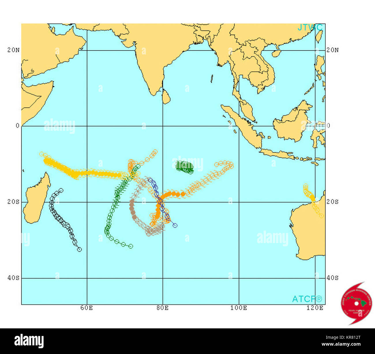 Emisfero sud ciclone tropicale stagione dall'autunno 2015 alla primavera 2016. Cingolato JTWC nove i cicloni tropicali nel sud dell'Oceano Indiano. Foto Stock
