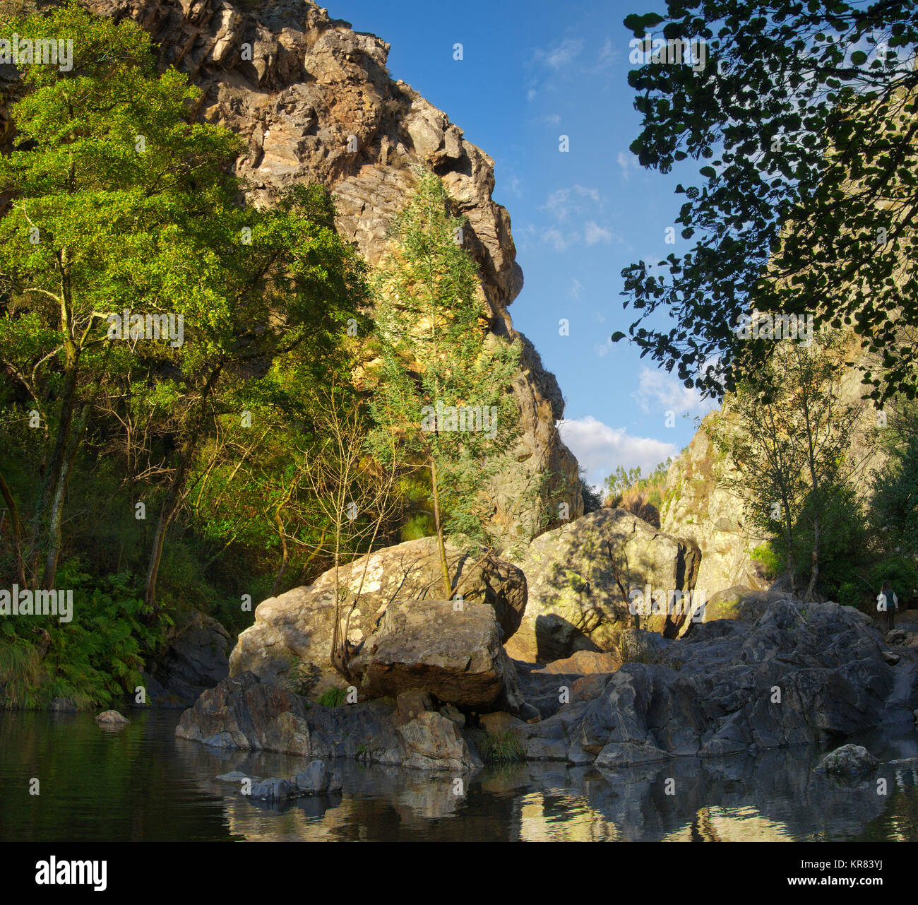 Una piccola isola di rocce erose e massi nel mezzo del fiume Alge a Fragas de Sao Simao. Alberi verdi e del canyon sullo sfondo. Figueiro Foto Stock