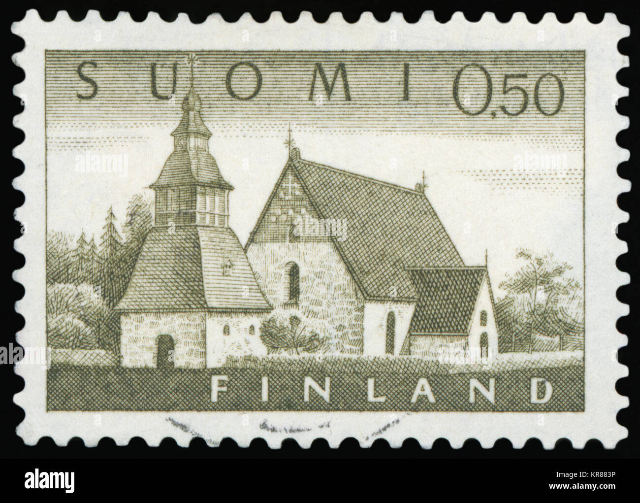 Finlandia - circa 1985: un timbro stampato in Finlandia caratteristiche esterno dell'edificio del finlandese della Chiesa luterana, circa 1985 Foto Stock