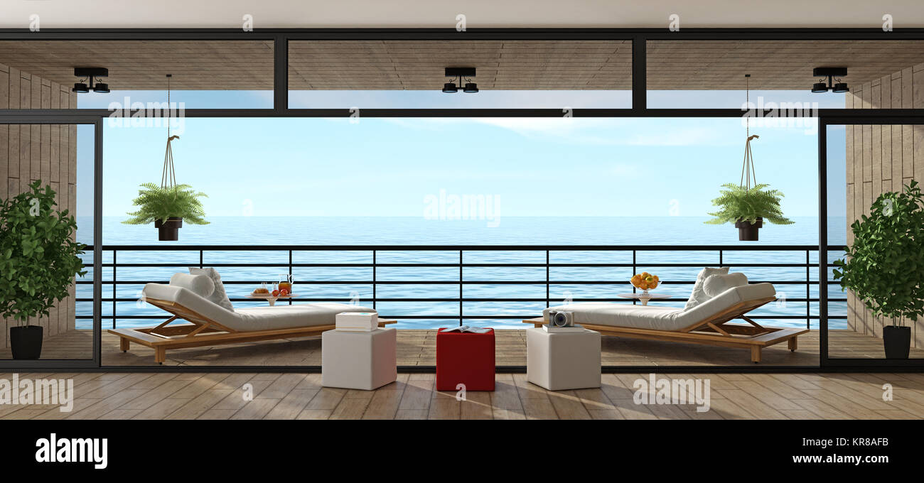 Villa per le vacanze con due salotti chaï sulla veranda in legno - 3d rendering Foto Stock