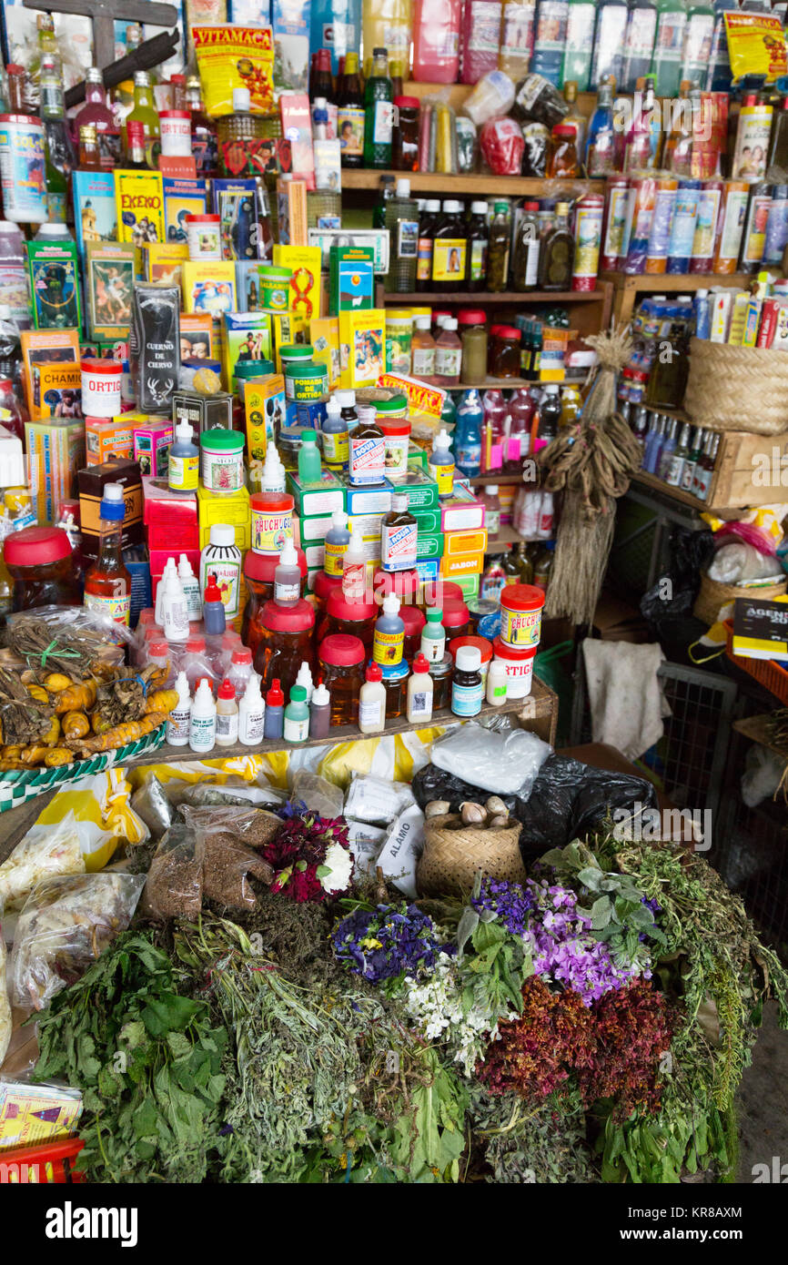 Piante medicinali ed estratti per la guarigione naturale farmaci in vendita sul mercato di Cuenca, Cuenca, Ecuador America del Sud Foto Stock