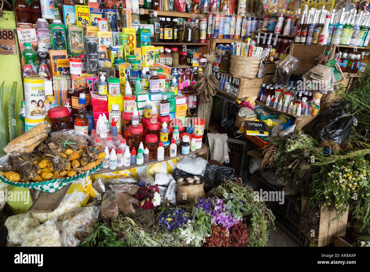 Piante medicinali ed estratti per la guarigione naturale farmaci in vendita sul mercato di Cuenca, Cuenca, Ecuador America del Sud Foto Stock