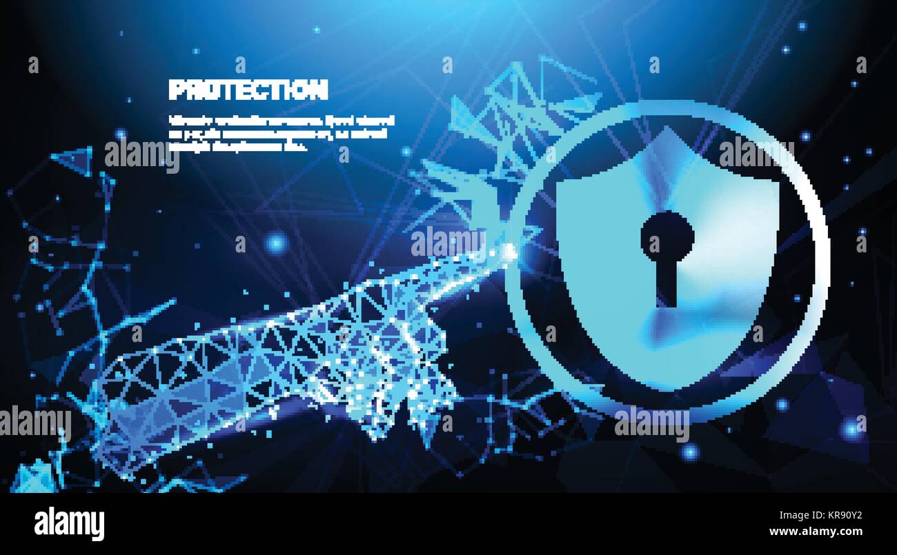 La mano toccare lo schermo di protezione poligonale blu oltre il concetto di affari di sicurezza dei dati Illustrazione Vettoriale