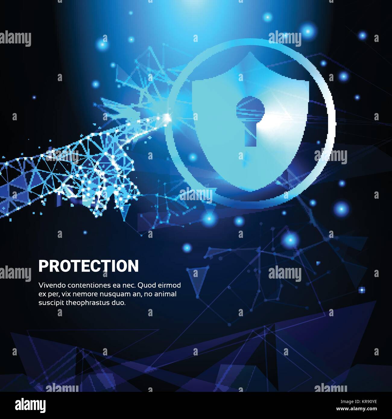 La mano toccare lo schermo di protezione poligonale blu oltre il concetto di affari di sicurezza dei dati Illustrazione Vettoriale