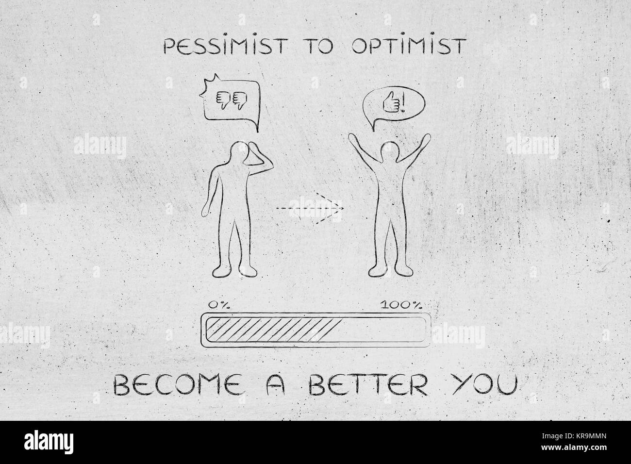 Pessimista per optimist: cambiare atteggiamento, la barra di avanzamento e bolla di fumetti Foto Stock