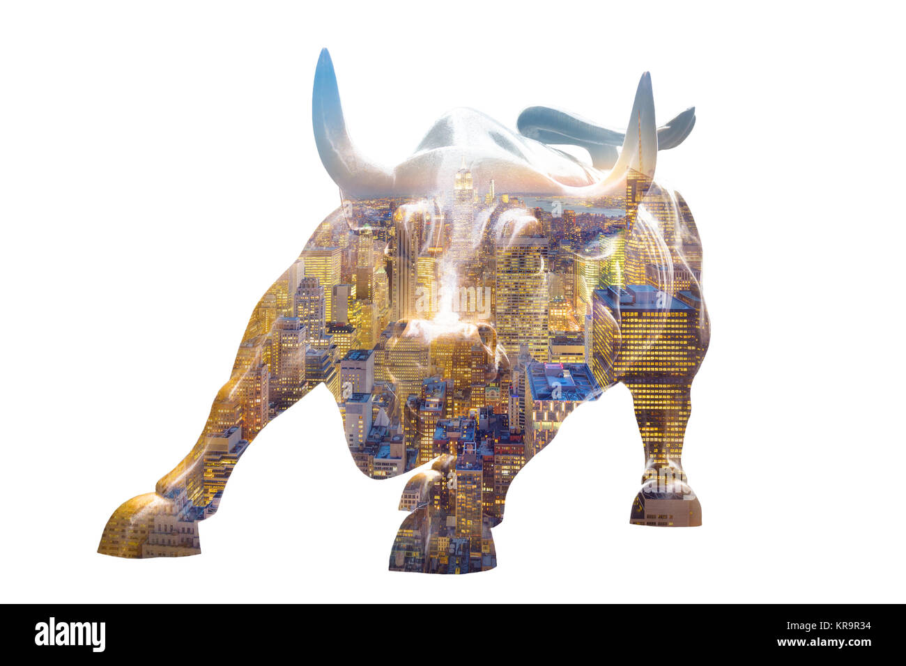 La carica di Bull in Lower Manhattan, NY su bianco. Foto Stock