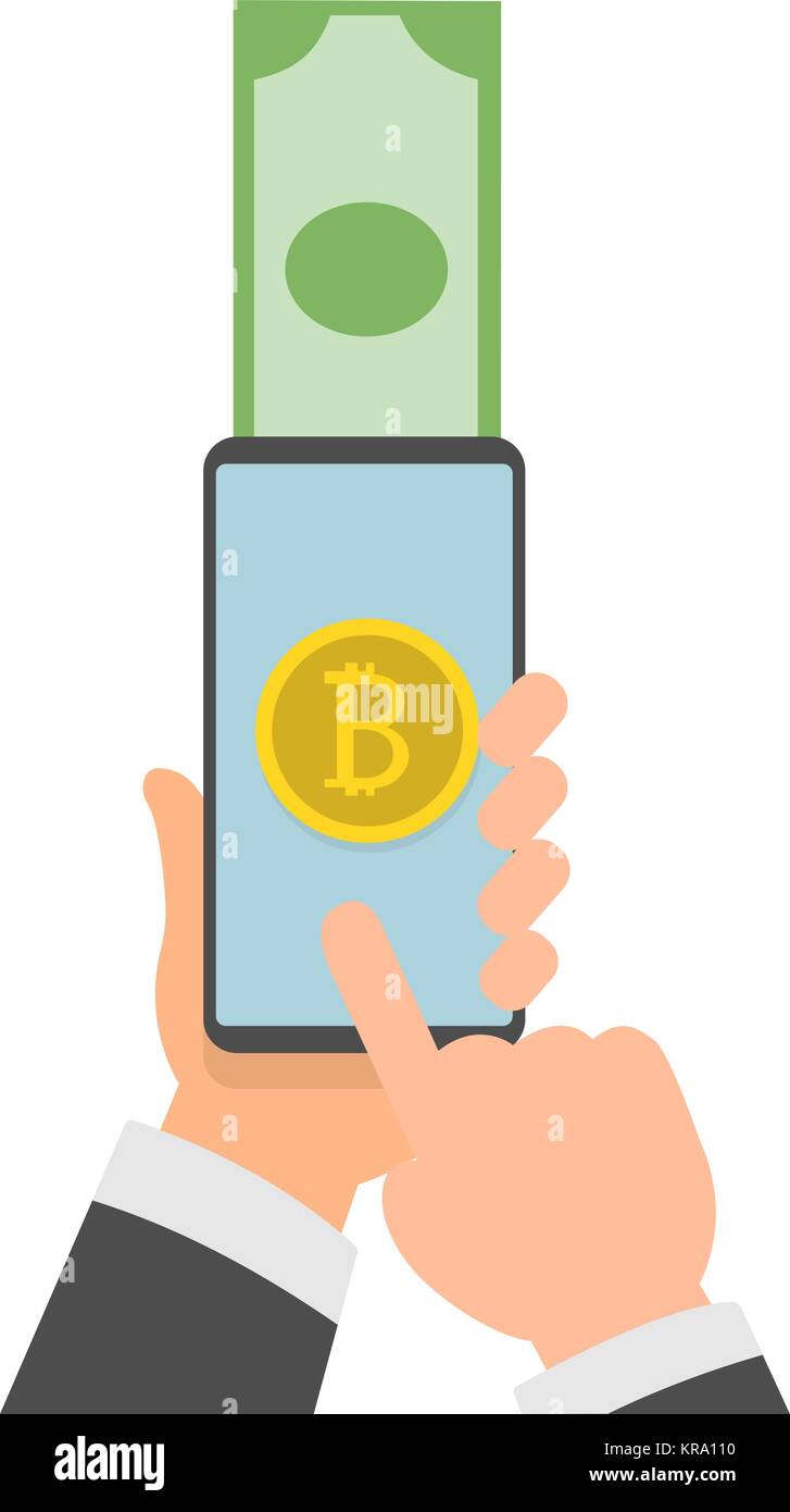 Bitcoins icona di colore dorato sullo schermo di un telefono cellulare. La mano impugna lo smartphone. Il concetto di scambio di valuta crypto per dollari. Illustrazione Vettoriale