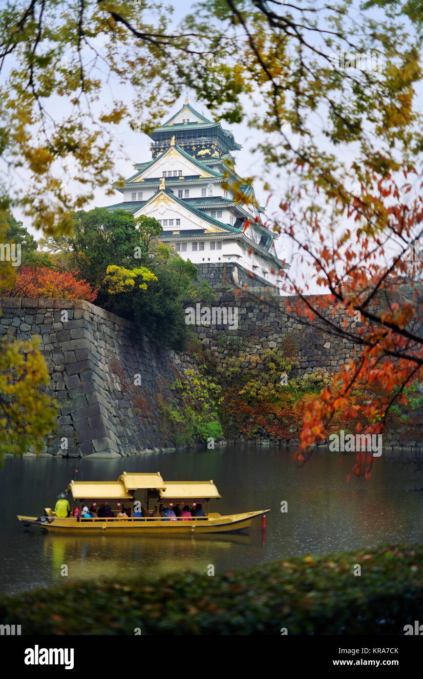 Licenza e stampe alle MaximImages.com:00 - Castello di Osaka, vista di Osakajo da dietro gli alberi autunnali gialli in una mattina misteriosa. Parco del Castello di Osaka in autunno Foto Stock