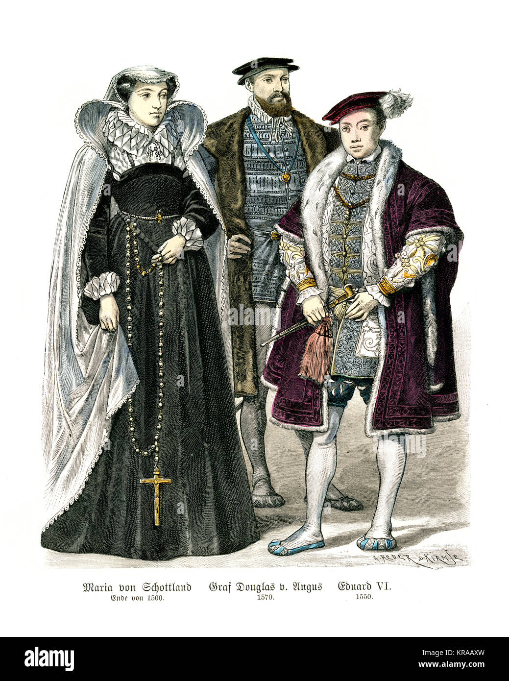 La moda del periodo di Tudor. La regina Maria di Scozia, Archibald Douglas, 6° Conte di Angus e re Edoardo VI d'Inghilterra Foto Stock