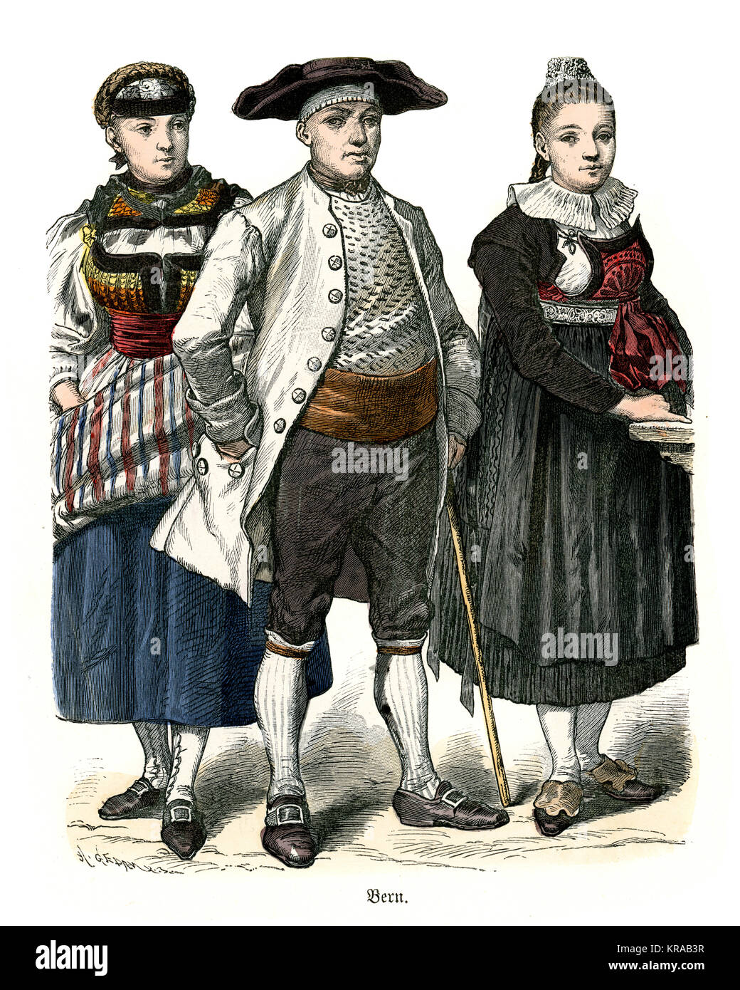 Vintage incisione di costumi della Svizzera, XVIII secolo. L uomo e la donna di Berna Foto Stock