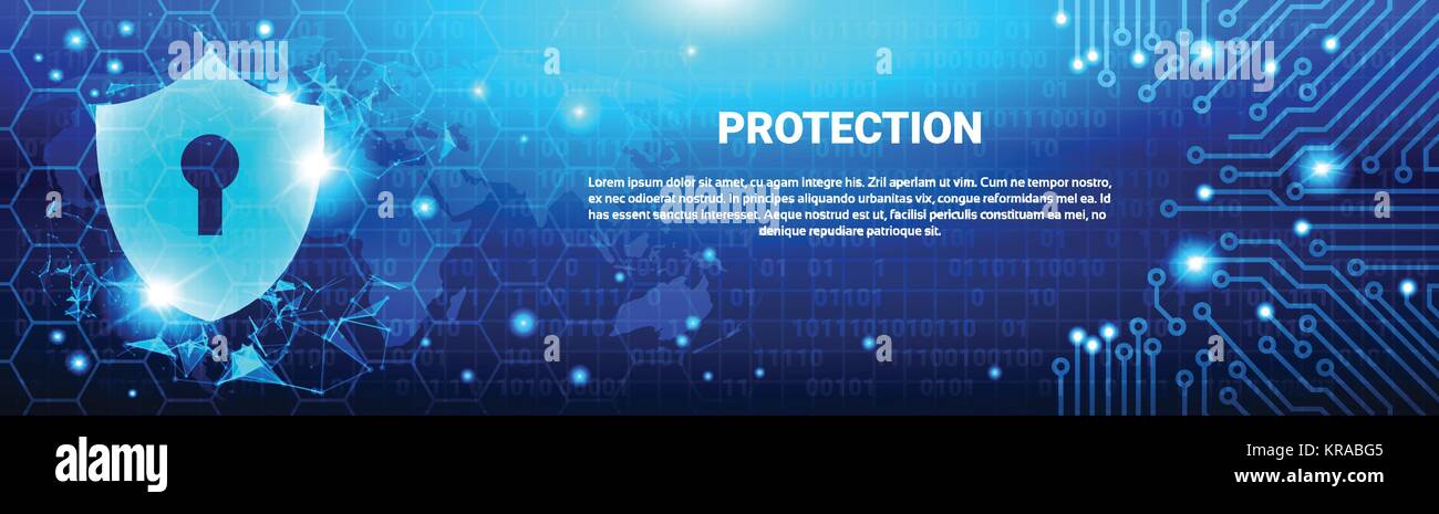 Lo schermo di protezione poligoni blu su sfondo del Circuito Business Concetto di sicurezza dei dati Banner orizzontale Illustrazione Vettoriale