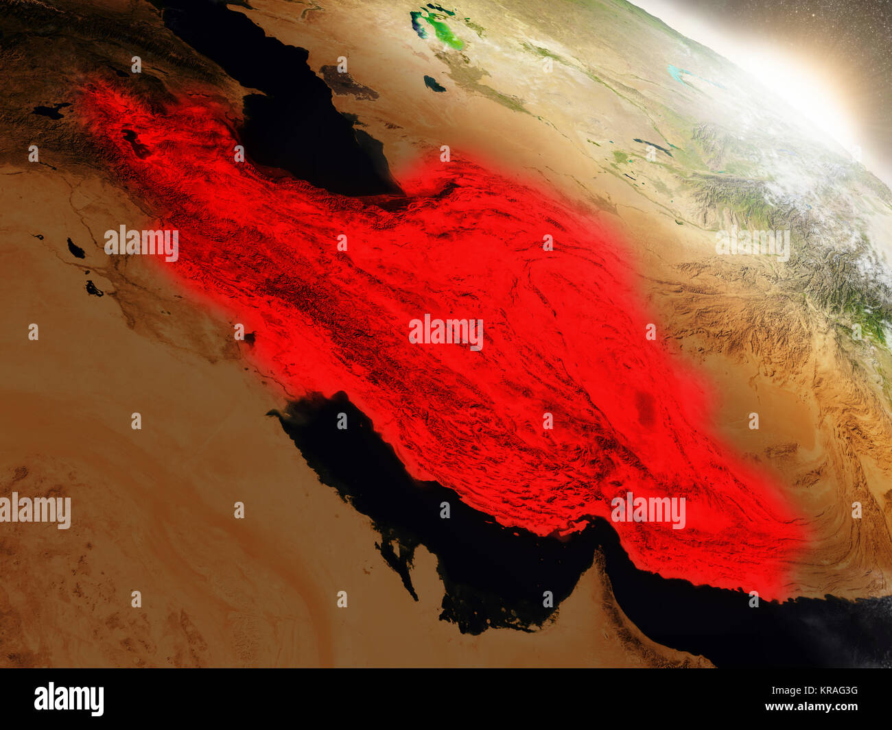Iran dallo spazio evidenziato in rosso Foto Stock