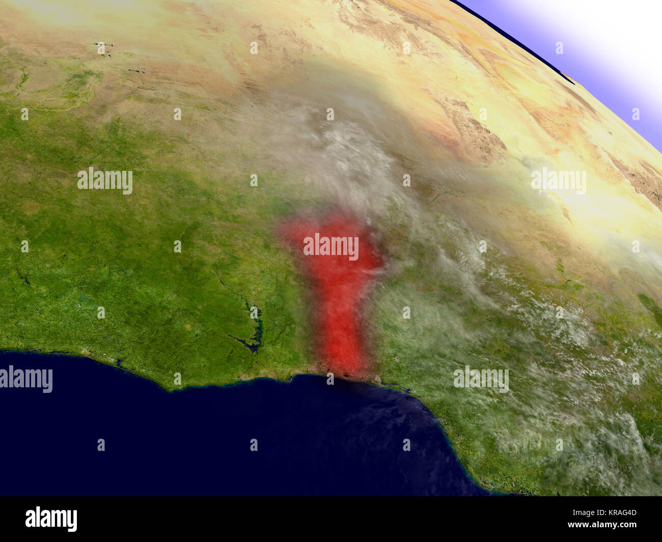Benin dallo spazio evidenziato in rosso Foto Stock