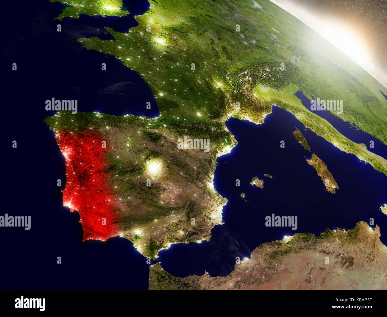 Il Portogallo dallo spazio evidenziato in rosso Foto Stock