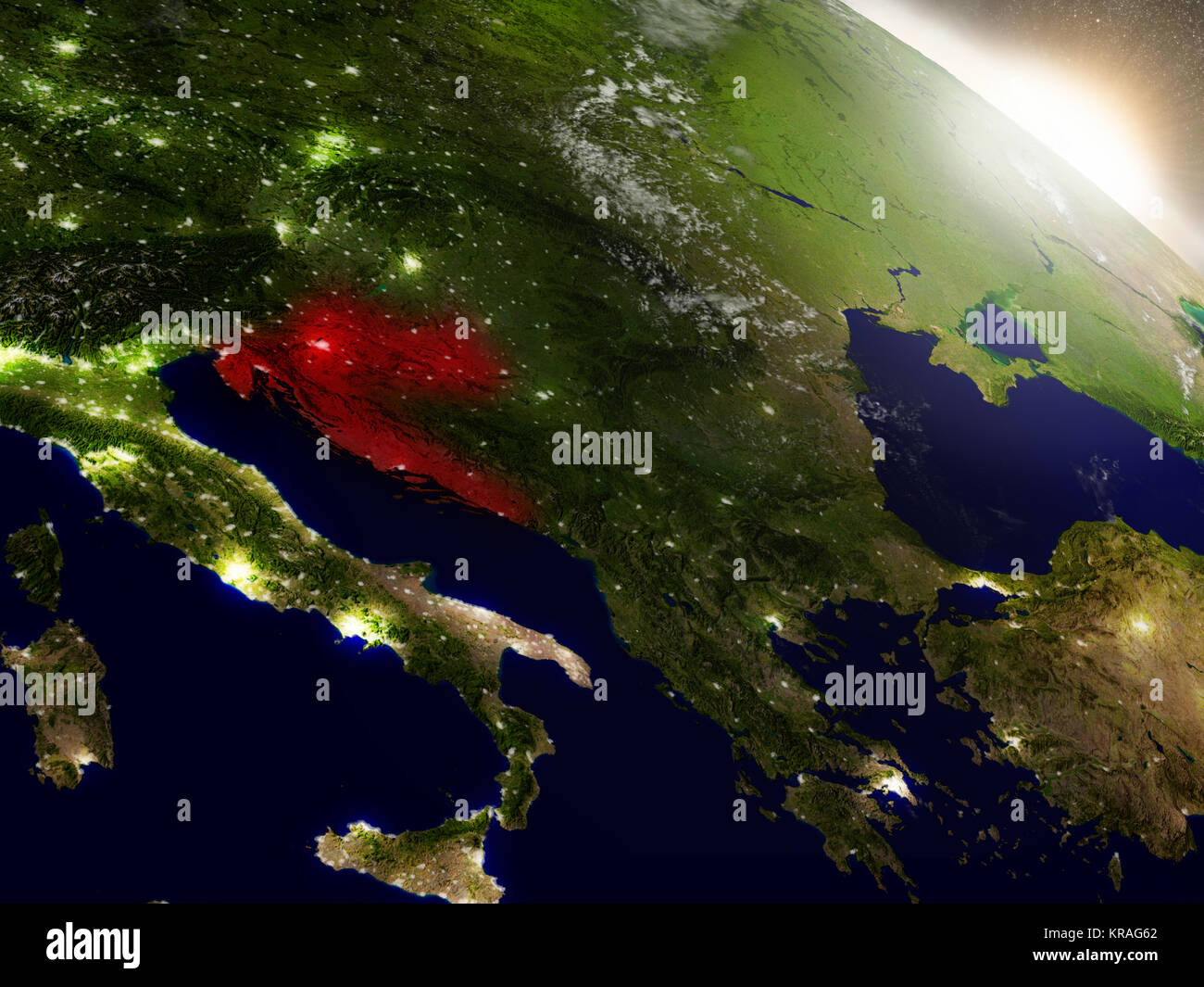 Croazia dallo spazio evidenziato in rosso Foto Stock