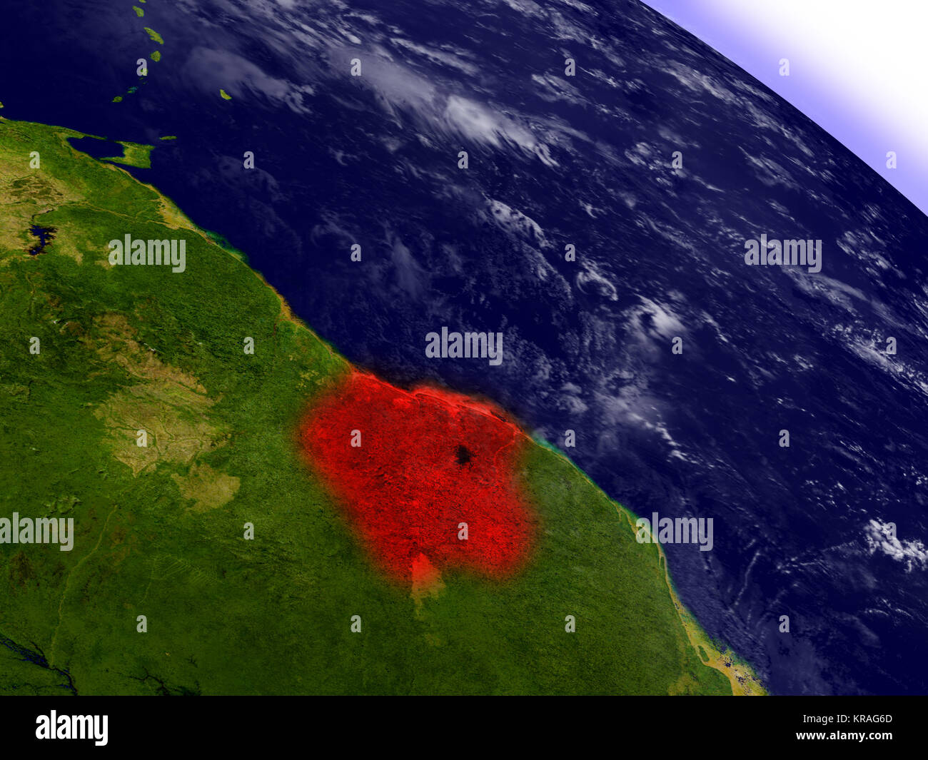 Suriname dallo spazio evidenziato in rosso Foto Stock