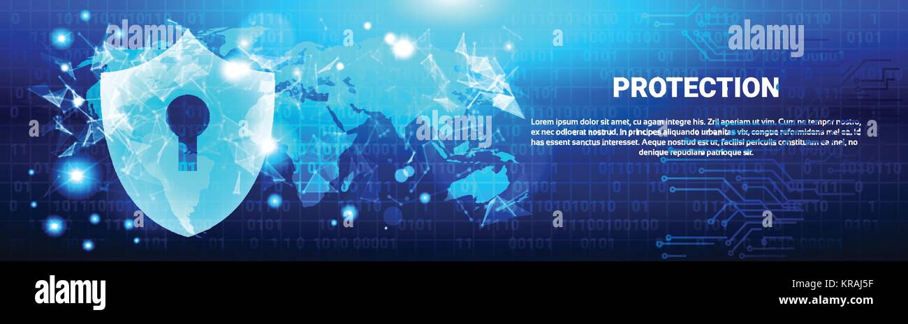 Schermo di protezione sulla mappa del mondo blu sullo sfondo del Circuito la concezione di business globale di protezione dei dati Banner orizzontale Illustrazione Vettoriale