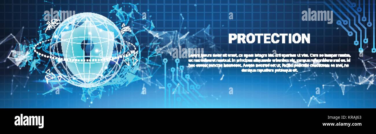 Lo schermo di protezione poligoni blu sopra il codice binario di sfondo il concetto di business della sicurezza dei dati Banner orizzontale Illustrazione Vettoriale