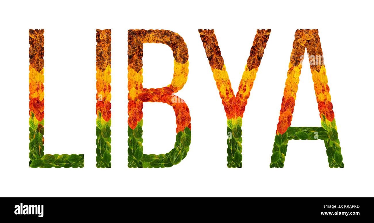 Parola Libia paese è scritto con foglie su un isolato bianco sfondo, un banner per la stampa, un creative di un paese in via di sviluppo di foglie colorate in Libia Foto Stock
