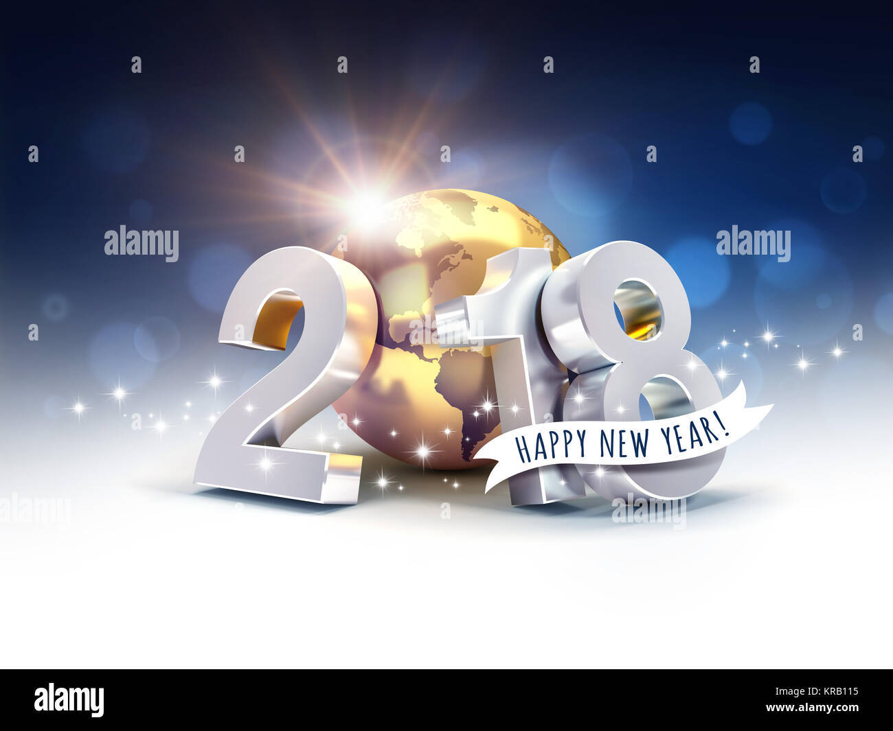 Saluti e argento nuova data dell'anno 2018, composto con un oro il pianeta terra, su un sfocato sfondo blu - 3D illustrazione Foto Stock