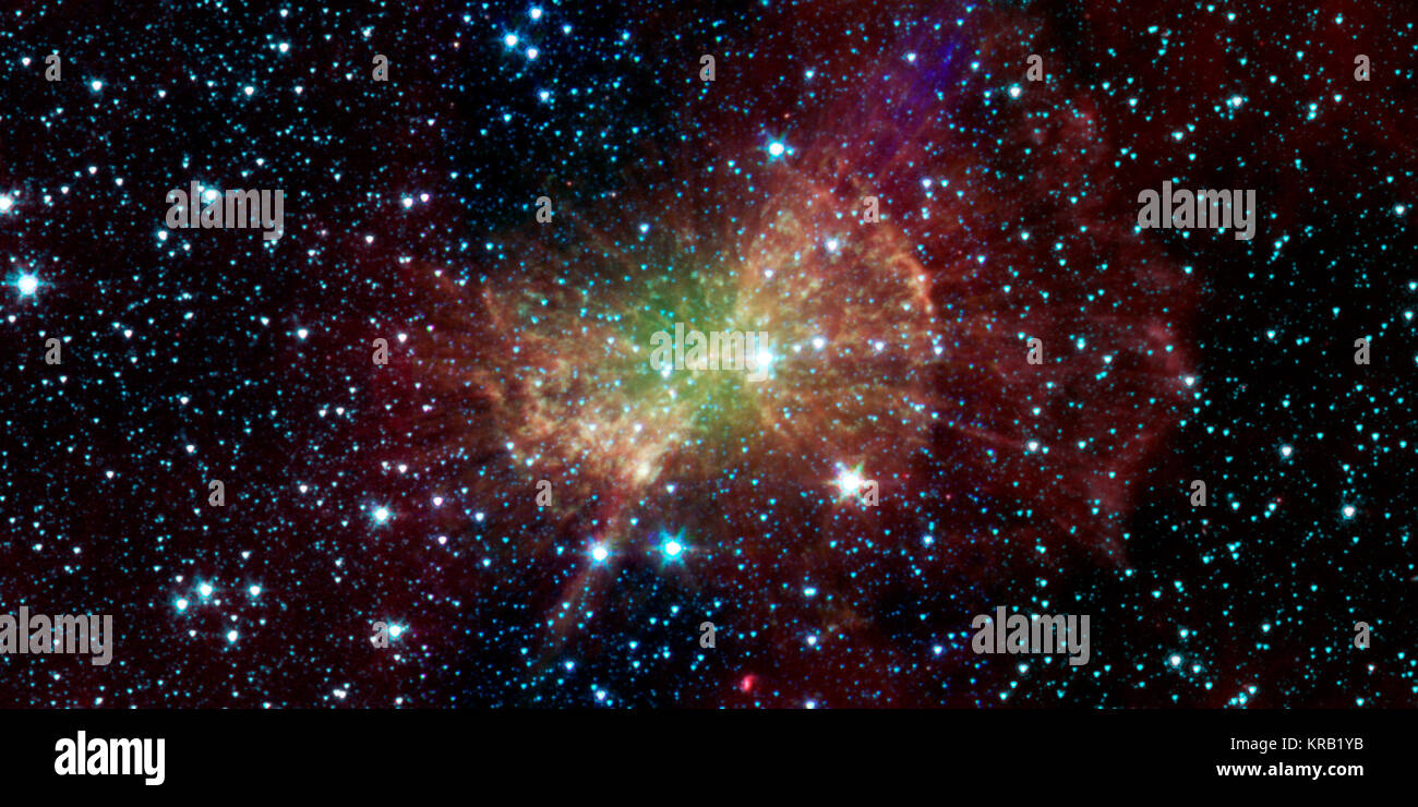 La nebulosa Dumbbell, noto anche come Messier 27, pompe fuori la luce a infrarossi in questa immagine da NASAs telescopio spaziale Spitzer. La nebulosa è stato chiamato dopo la sua somiglianza con un manubrio come visto in luce visibile. È stato scoperto nel 1764 da Charles Messier, che hanno compreso come la ventisettesima membro del suo famoso catalogo di oggetti nebulosi. Anche se non sapeva che al momento, questo è stato il primo in una classe di oggetti, ora noto come nebulose planetarie, a farne il catalogo. Nebulose planetarie, storicamente denominata per la loro somiglianza con gas-pianeti giganti, ora sono noti per essere i resti di stelle che Foto Stock