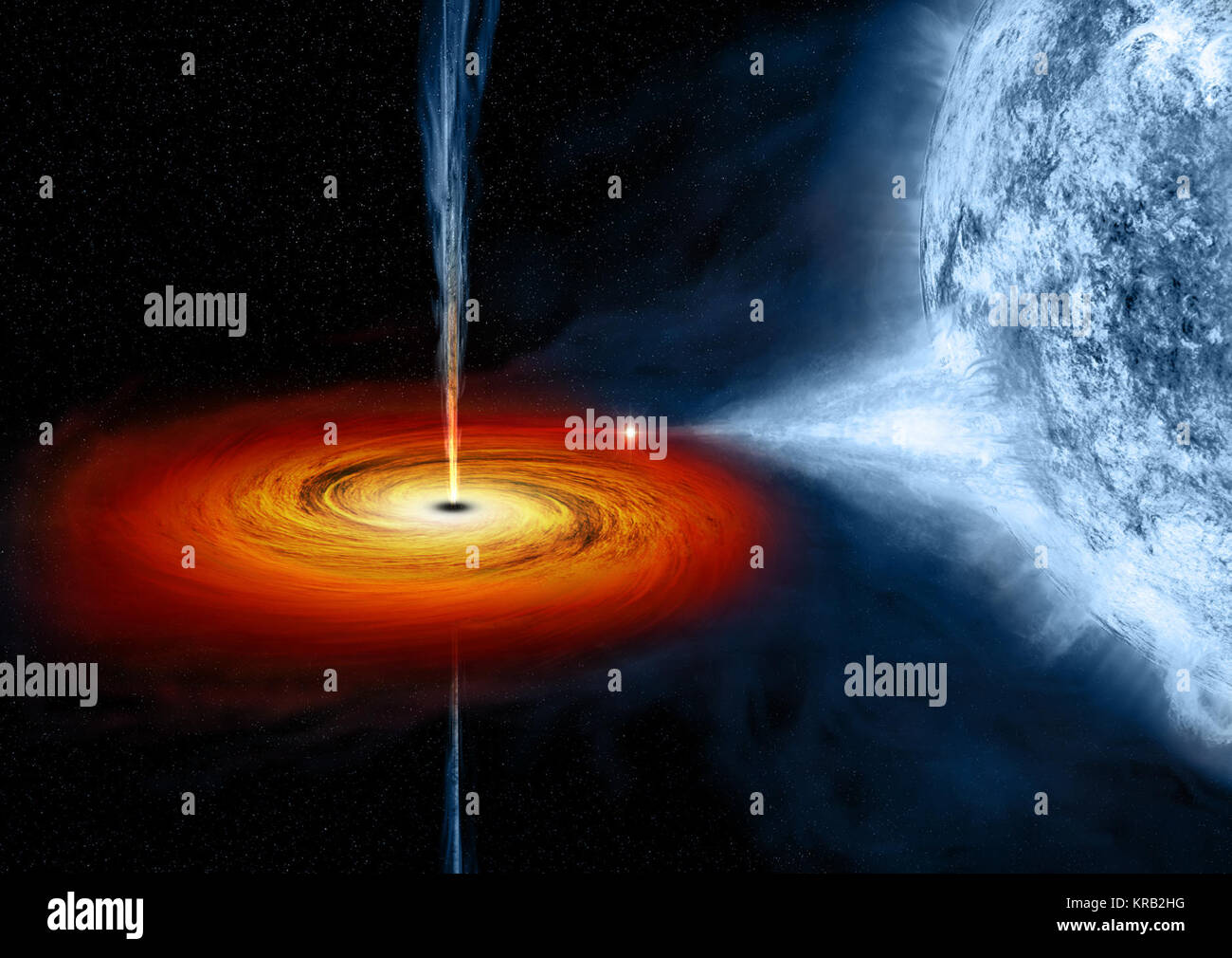 Sulla sinistra, un'immagine ottica dal cielo digitalizzata sondaggio mostra Cygnus X-1, delineato in una casella rossa. Cygnus X-1 si trova vicino a grandi regioni attive di formazione stellare della Via Lattea, come si vede in questa immagine che si estende per circa 700 anni luce. Un artista dell'illustrazione sulla destra raffigura ciò che gli astronomi pensano che sta accadendo nell'Cygnus X-1 sistema. Cygnus X-1 è un cosiddetto stellar-massa buco nero, una classe di buchi neri che proviene dal collasso di una stella massiccia. Nuovi studi con dati di Chandra e diversi altri telescopi hanno determinato il buco nero di spin, massa, e dis Foto Stock