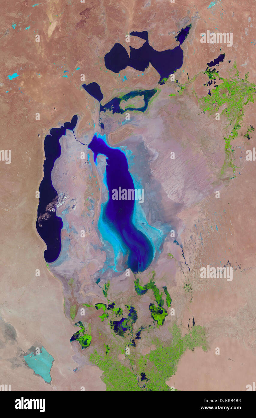 Immagine acquisita 2010 l'Aral e una volta era il quarto lago più grande del mondo. Situato in una diversa regione desertica del Kazakistan e Uzbekistan, due fiumi, il Syr Darya e Amu Darya, portato snowmelt e pioggia da montagne distanti a dove sono riunite nel bacino di Aral. Il lago Aral supportato agricoltura del delta del fiume e di un settore della pesca fino alla prima metà del XX secolo. Poi negli anni sessanta, l Unione Sovietica convertito le economie locali per la produzione di cotone e deviato i due fiumi per irrigare i campi. Con nessun altro importante fonte di acqua del lago d'Aral ha Foto Stock