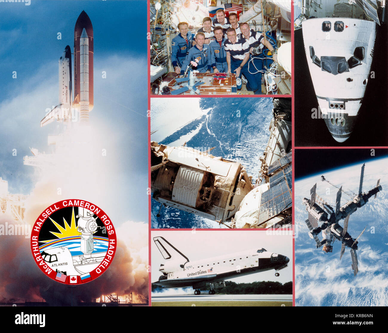 STS-74 equipaggio presentazione elemento comprendente: vista del lancio dello Space Shuttle Columbia il sollevamento fuori dal centro spaziale Kennedy con equipaggio patch il fondo, vista del naso della navetta spaziale Atlantis con membri di equipaggio a poppa ponte di volo, Windows Vista di Cape Cod Massachussets e la stazione spaziale Mir, vista di Atterraggio al Kennedy Space Center e un equipaggio nel-l'equipaggio di volo verticale. STS-74 equipaggio oggetto di presentazione Foto Stock