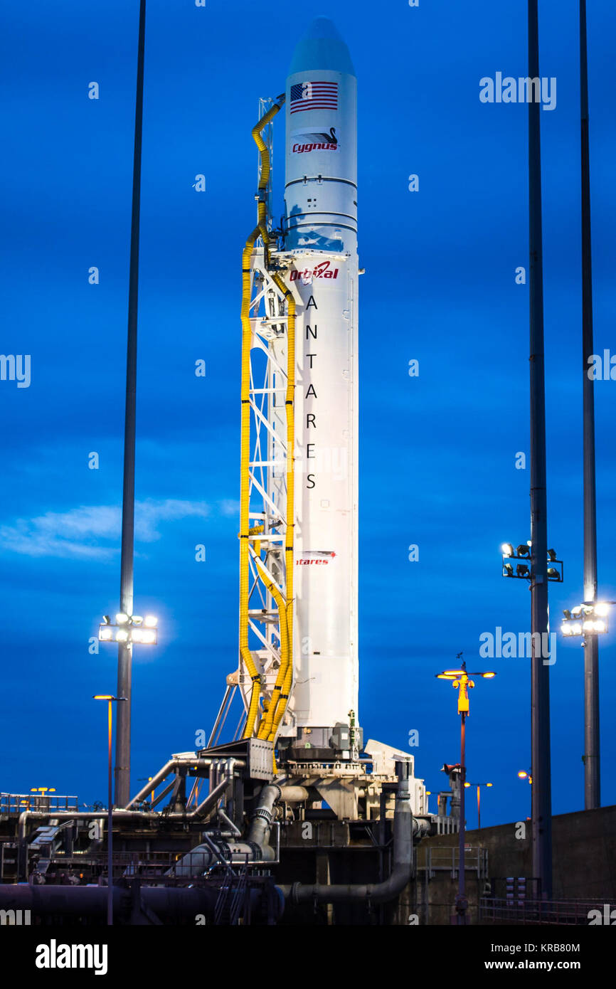 La Orbital Sciences Corporation Antares rocket è visto sul Mid-Atlantic Spaceport regionale (MARS) PAD-0A presso la NASA Wallops Flight Facility in Virginia, Sabato, 20 aprile 2013. NASA spazio commerciale partner, Orbital Sciences Corporation, è prevista per il test di lancio il suo primo Antares più tardi nella giornata. Photo credit: (NASA/Bill Ingalls) Antares sulla rampa di lancio 0A a WFF Foto Stock