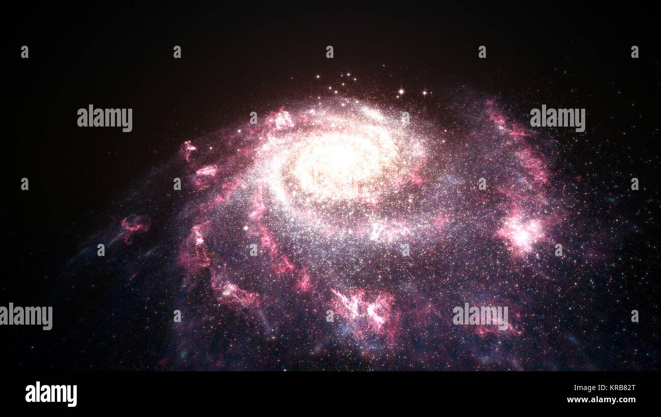 Questa illustrazione mostra un confuso, Galassia caotica in fase di burst di formazione stellare. Questa formazione stellare è intensa; era noto che essa colpisce il suo host galaxy, ma questa nuova ricerca dimostra che esso ha un effetto ancora maggiore rispetto al primo pensiero. I venti creati da queste stelle i processi di formazione di flusso al di fuori della galassia, gas ionizzanti a distanze fino a 650 000 anni luce dal centro galattico. Artista della impressione di una galassia subendo una raggiera Foto Stock