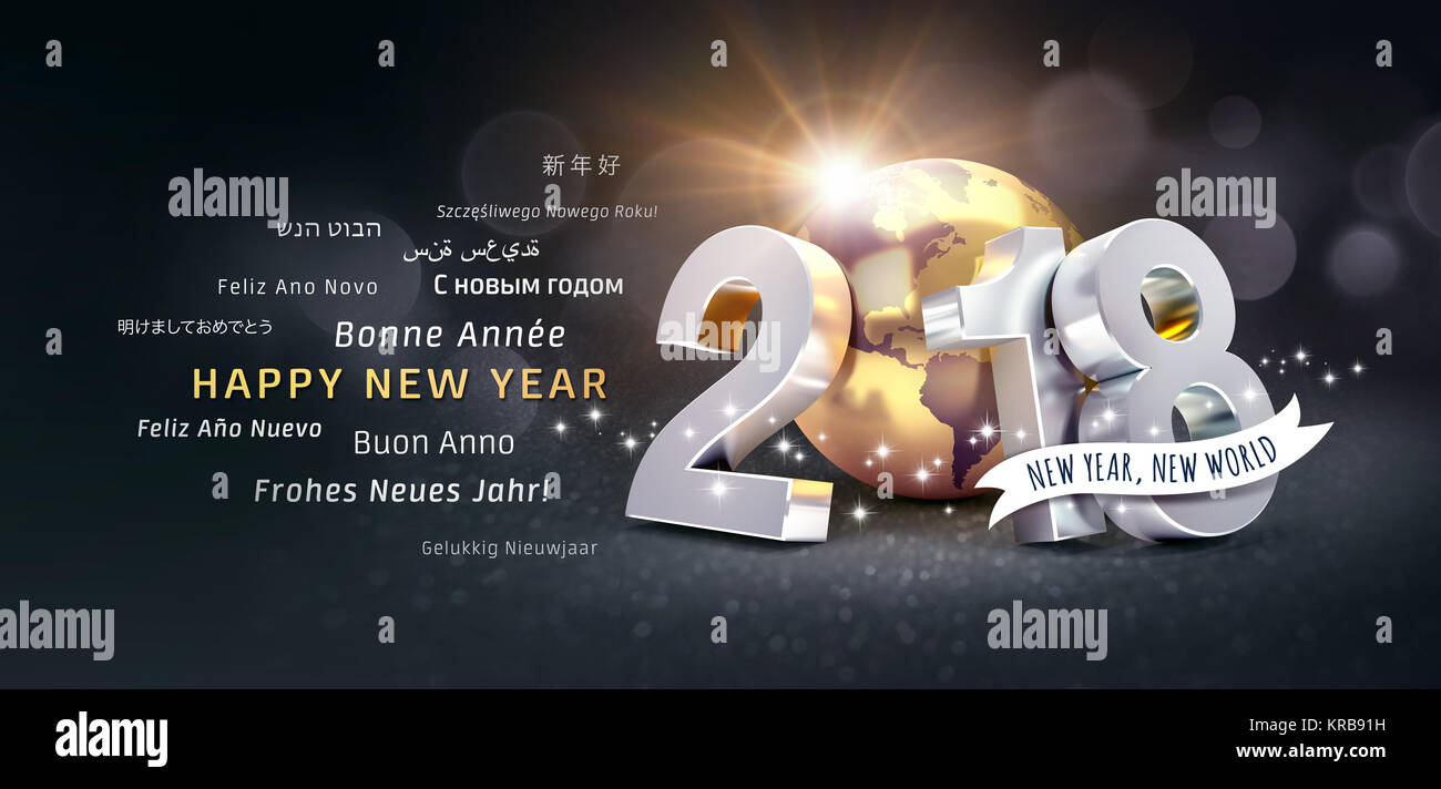 Nuova data dell'anno 2018 composta con un Golden Planet Earth e saluti internazionale, su una festosa sfondo nero - 3D illustrazione Foto Stock