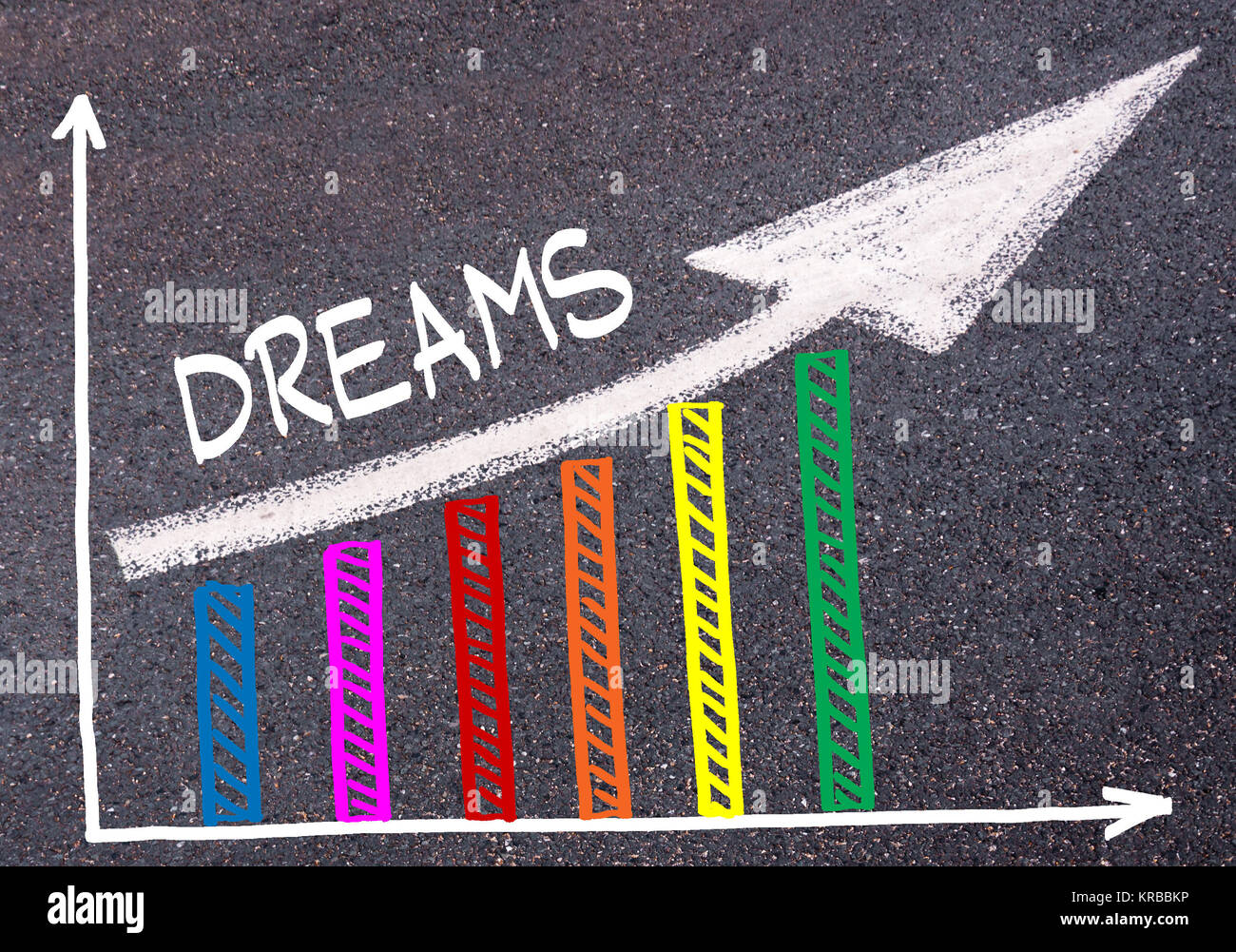 Grafico colorato disegnate su asfalto e freccia direzionale Foto Stock