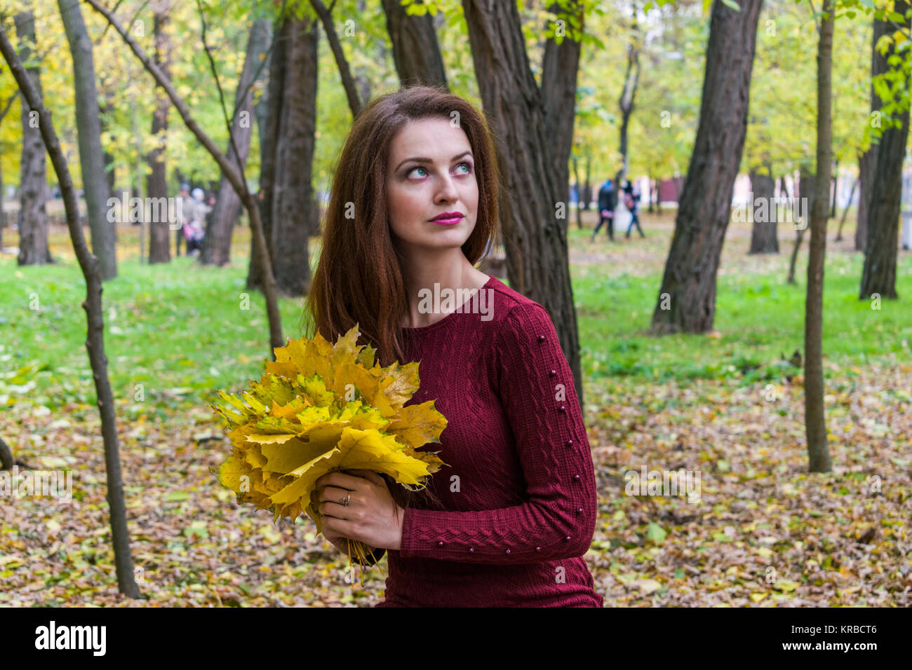 La ragazza si siede sul tronco di un albero caduto. Una donna che trattiene le foglie in autunno. Una donna guarda lontano e di sogni Foto Stock