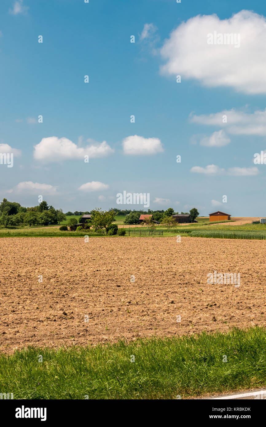 Grandi campi di colore marrone con un terreno fertile e delle aziende agricole Foto Stock