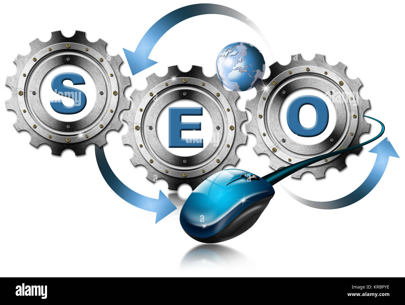 Illustrazione con ingranaggi metallici, Globe, mouse e scritti SEO Foto Stock