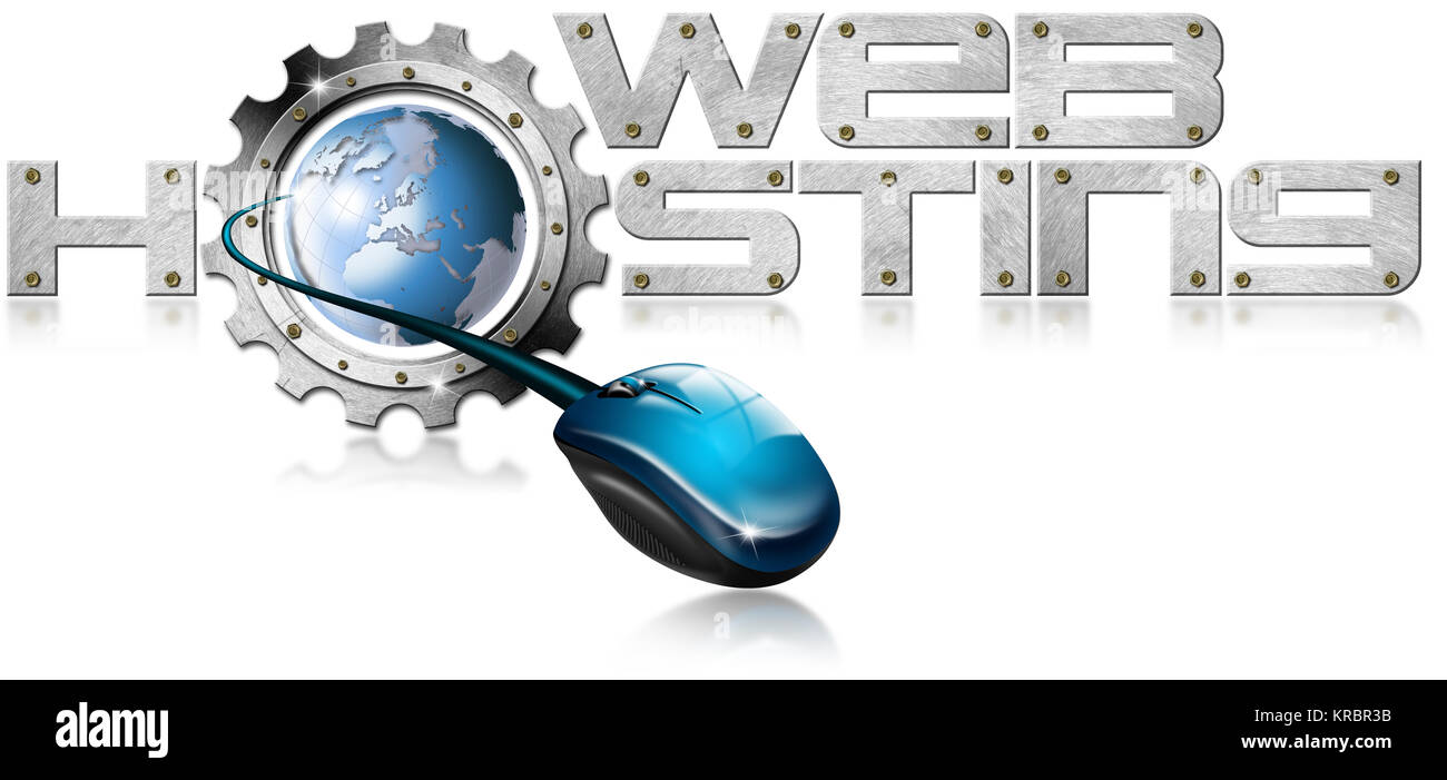 Illustrazione con metallo scritto di Web hosting, metal gear, mouse e blue globe Foto Stock