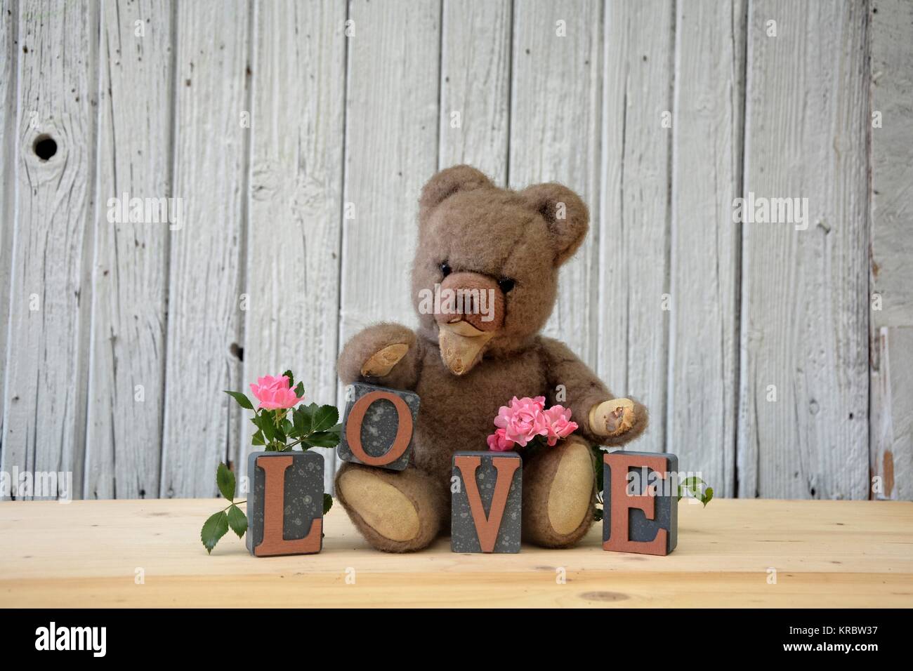 Antica orsacchiotto con rose e amore scritte Foto Stock