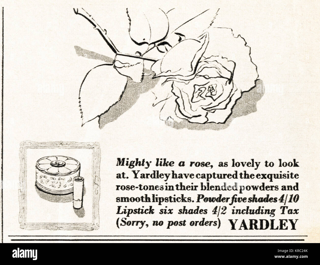 1940s vecchio vintage originale pubblicità pubblicità Yardley cosmetici nella rivista circa 1947 quando i materiali di consumo sono state ancora limitato sotto il razionamento del dopoguerra Foto Stock