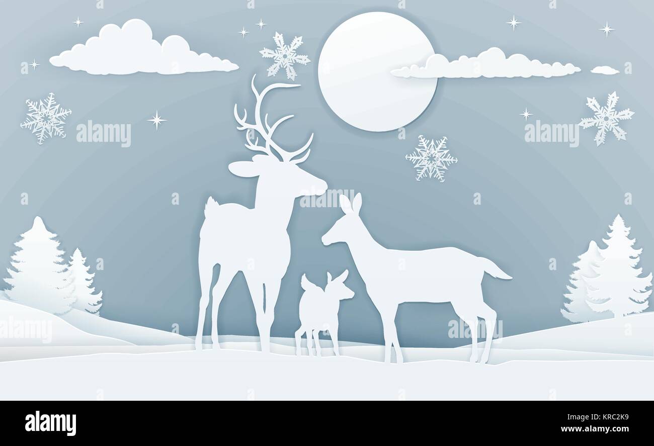 Deer scena invernale Arte della carta Illustrazione Vettoriale