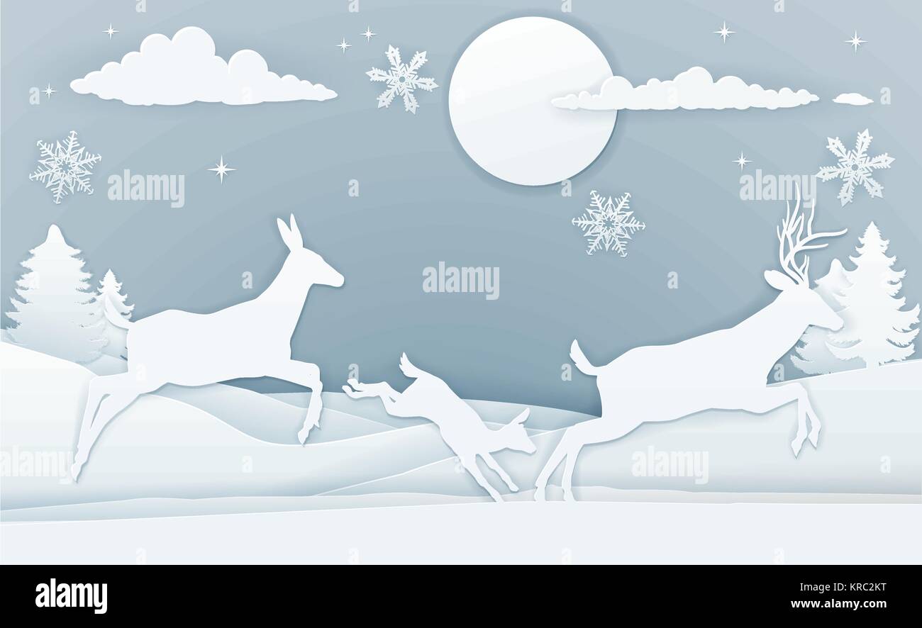 Inverno Deer scena Arte della carta Illustrazione Vettoriale