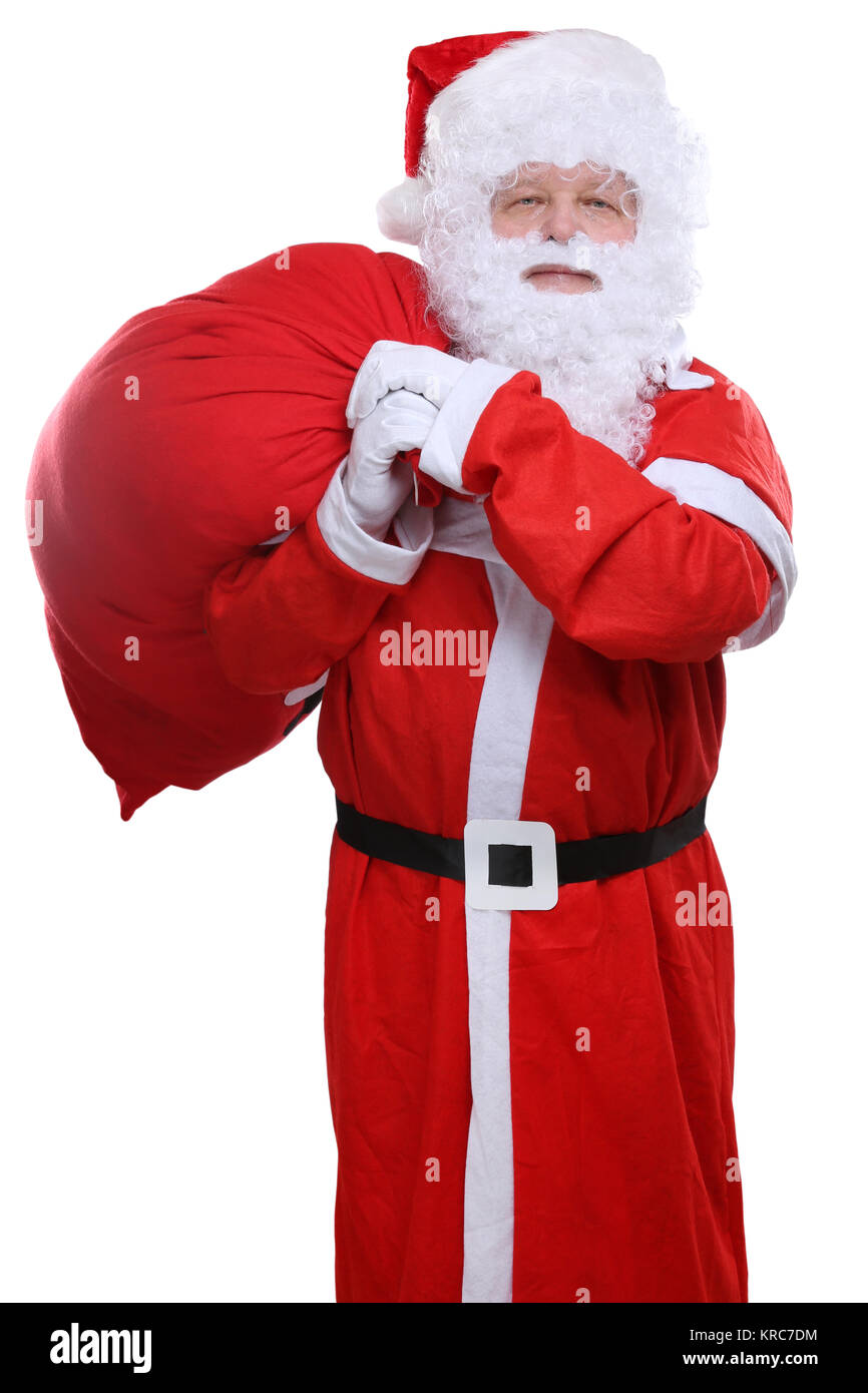 Nikolaus Weihnachtsmann sacco Geschenke Rücken Weihnachten Freisteller freigestellt vor einem weissen Hintergrund Foto Stock