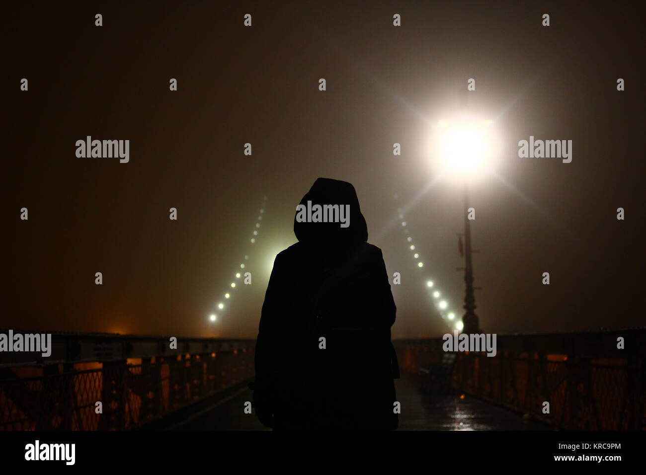Shawdow su foggy Ponte di Brooklyn Foto Stock