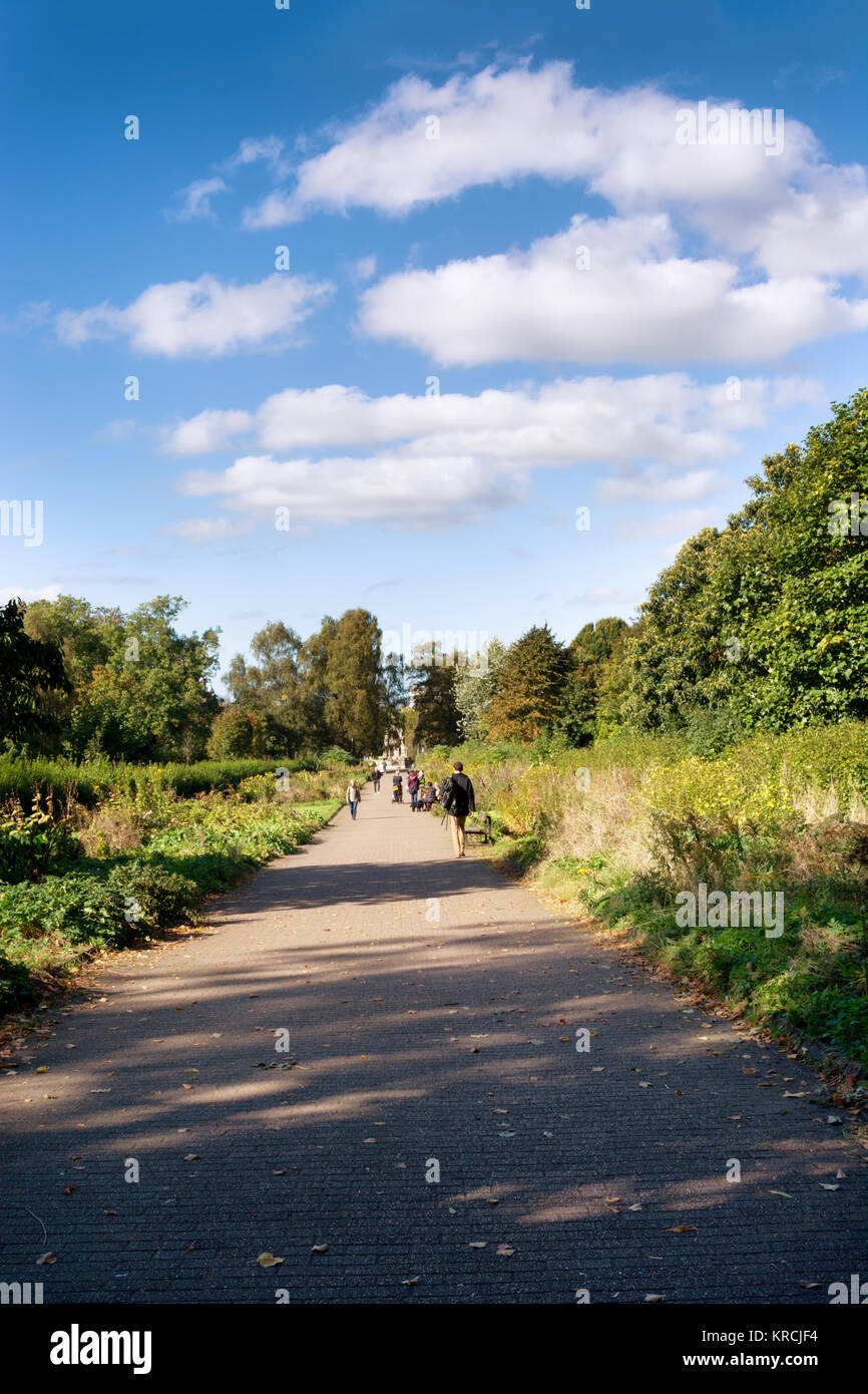 Vicolo in Kelvingrove Park su una luminosa giornata di sole, irriconoscibili le persone a distanza Foto Stock